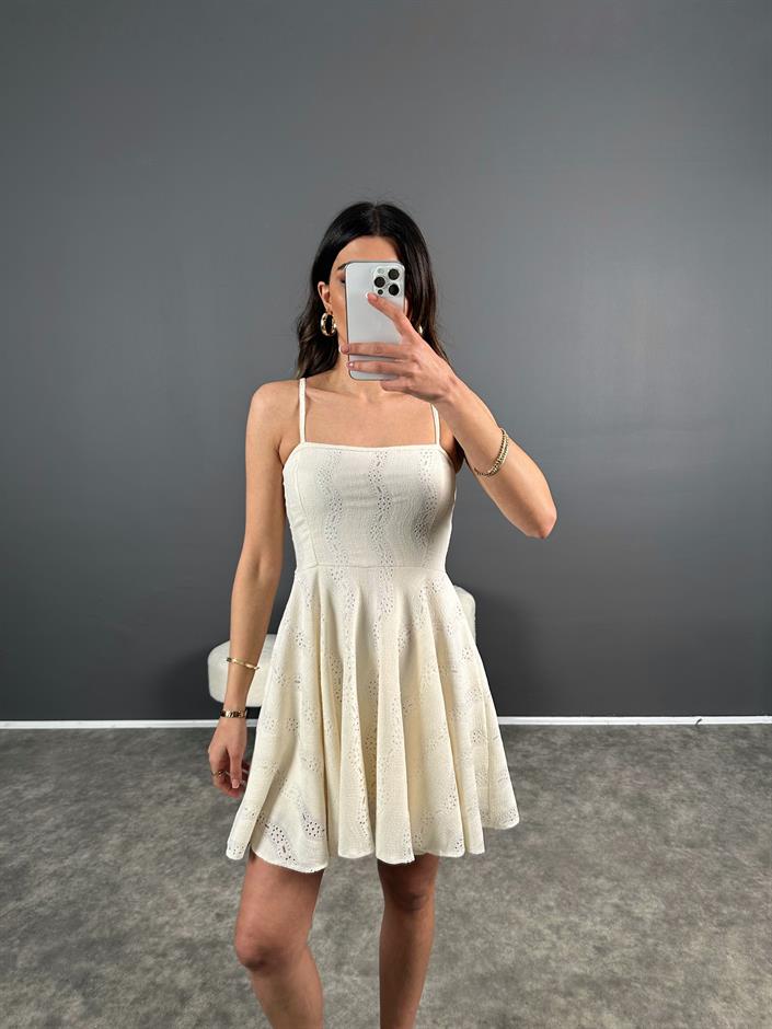 Ekru Fistolu Astarlı Mini Elbise 