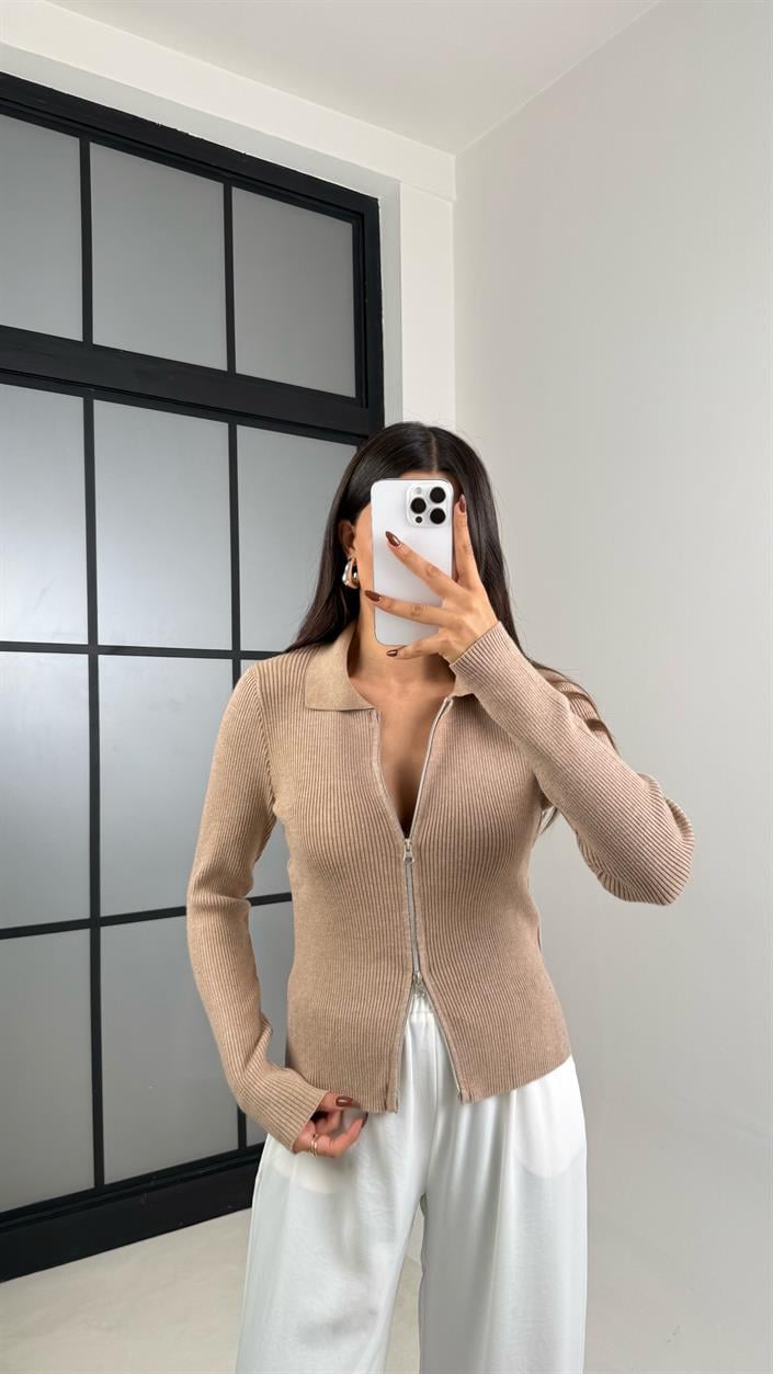 Camel Çift Fermuarlı Fitilli Hırka GAUS-00461