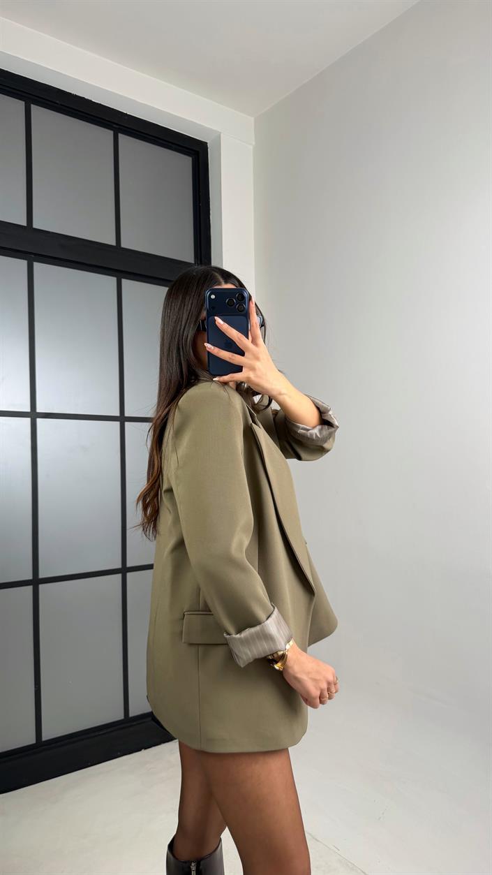 Haki Astarlı Vatkalı Cep Detaylı Blazer Ceket GAUS-00850