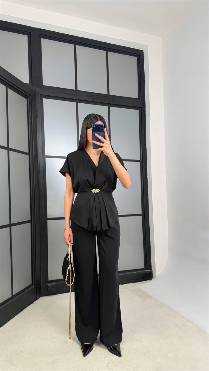 Siyah Gold Toka Detaylı Vatkalı Bluz Beli Lastikli Pantolon İkili Takım GAUS-01344