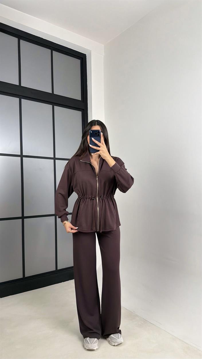 Kahve Beli Büzgülü Hırka Pantolon İkili Modal Takım GAUS-00571