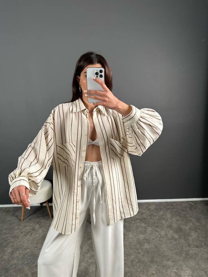 Kahve Çizgili Keten Oversize Gömlek