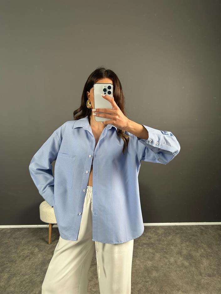 Sonho Mavi İnce Çizgili Oversize Gömlek 
