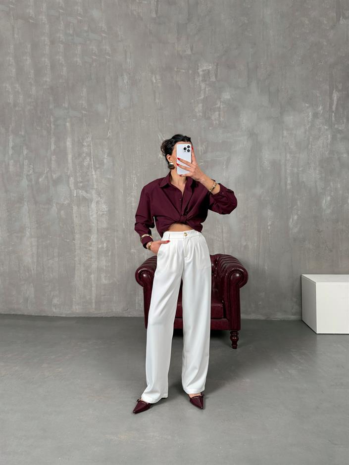 Sagura Beyaz Beli Lastikli Cepli Premium Pantolon