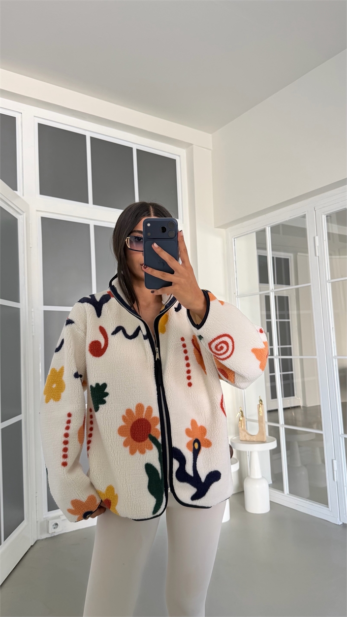 Çok Renkli Çiçek Desenli Fermuarlı Polar Sweatshirt GAUS-01916 GAUS-01930