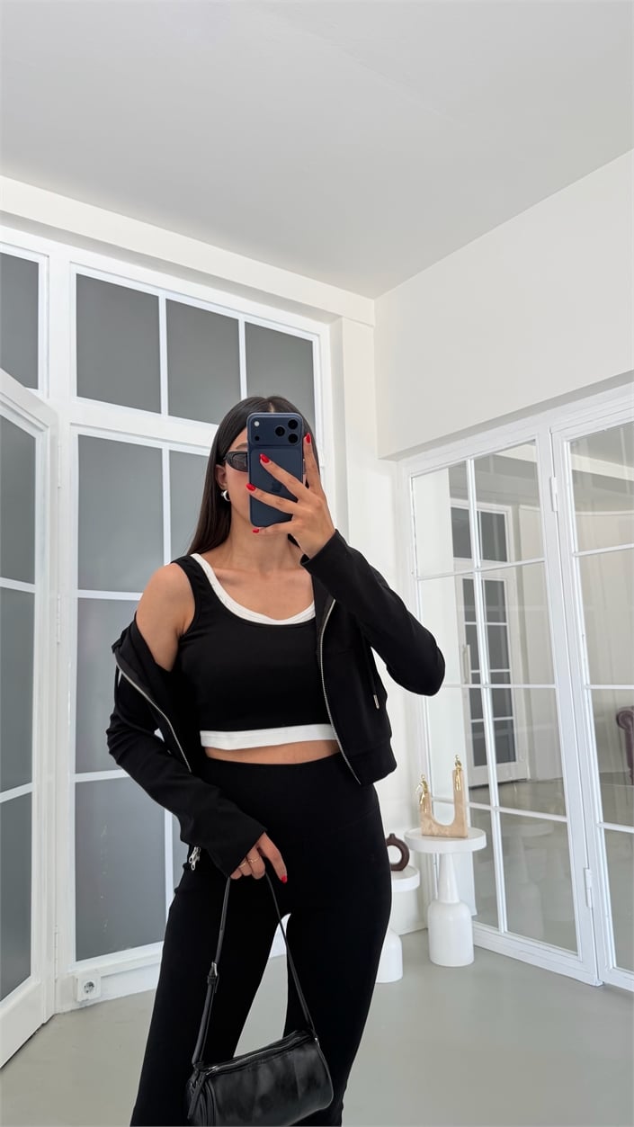 Siyah Hırka Crop Beli Lastikli Pantolon 3lü Basic Takım GAUS-01889