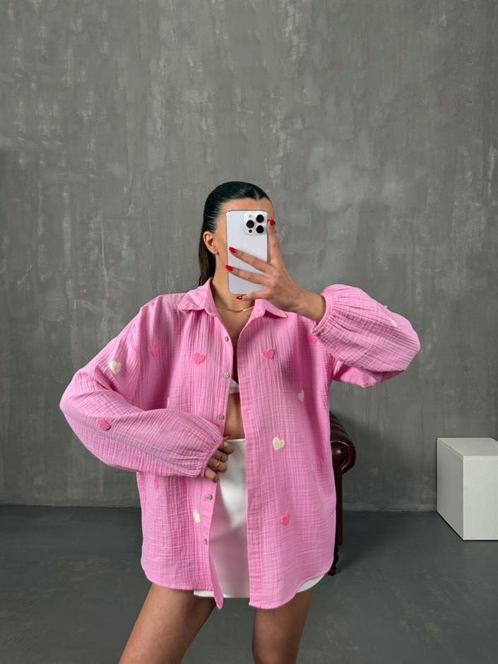 Softi Pembe Kalp Punç İşlemeli Pinterest Tasarım Müslin Gömlek