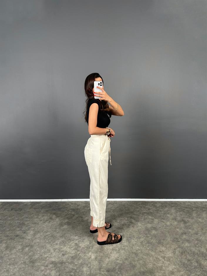 Rian Ekru Beli Lastikli Cepli Gabardin Pantolon