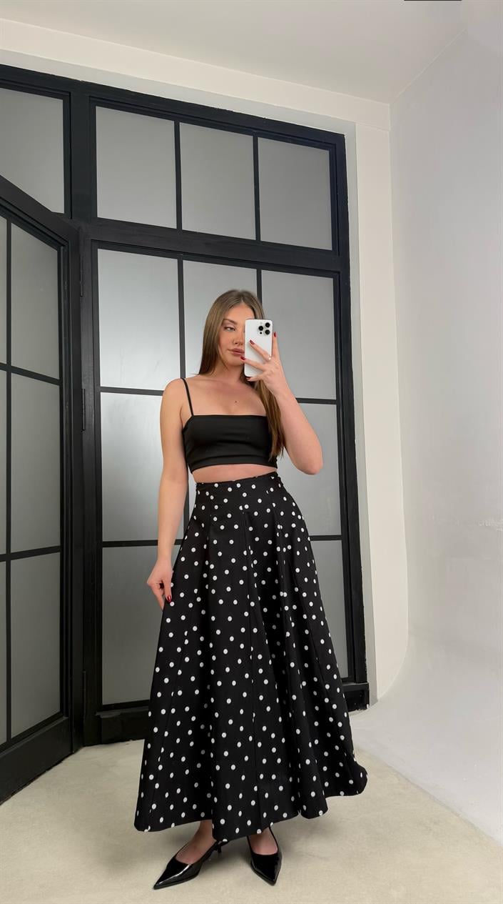 Siyah Puantiye Desenli Premium Poplin Etek GAUS-01261