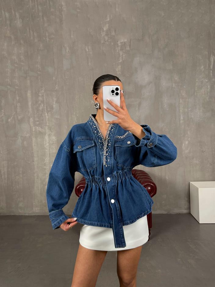 Mavi Boncuk İşlemeli Belden Lastikli Denim Tasarım Ceket Gaus00028