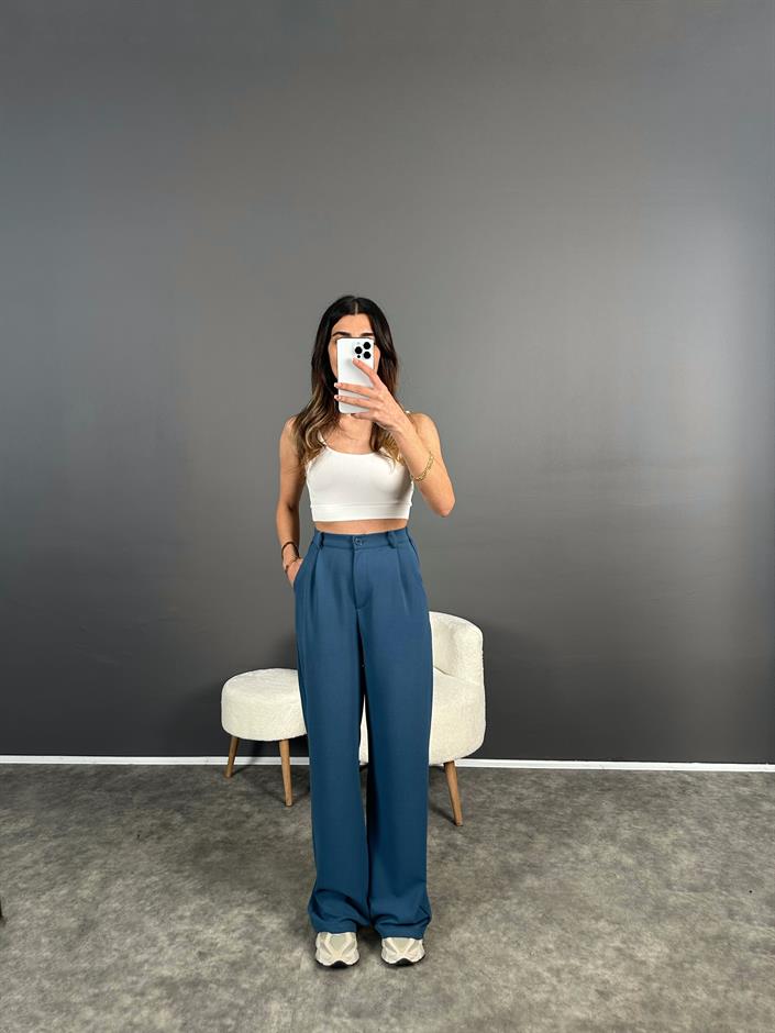 Bera İndigo Mavi  Beli Lastikli Palazzo Pantolon