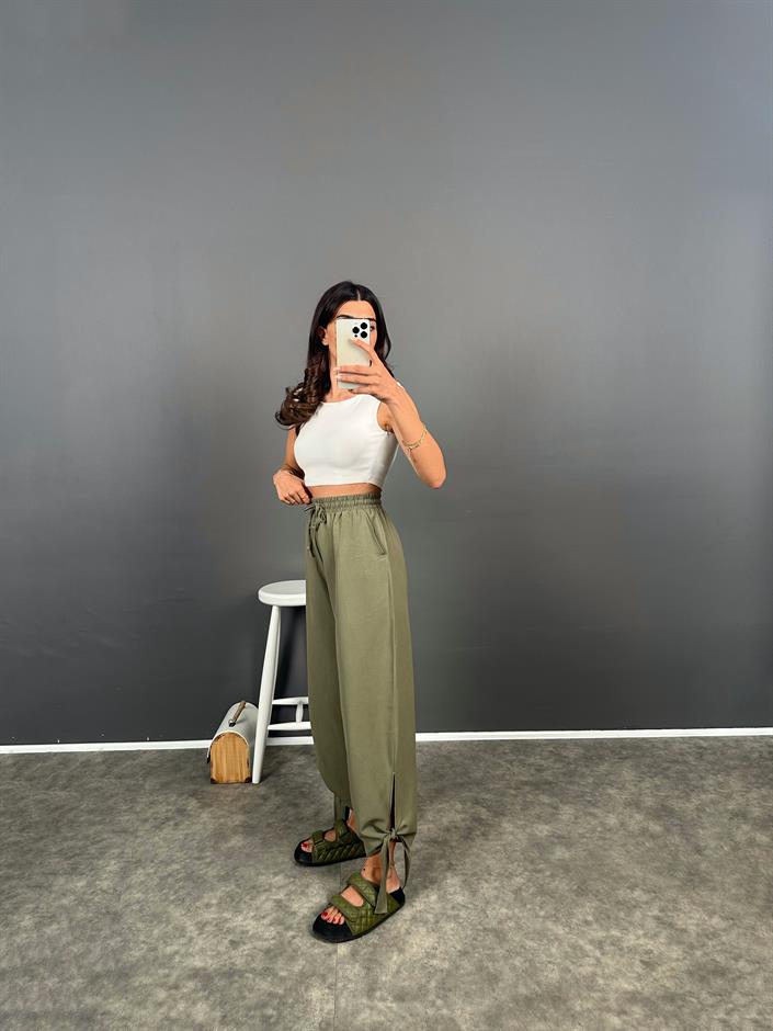 Haki Paçası Bağlamalı Rahat Dokuma Pantolon