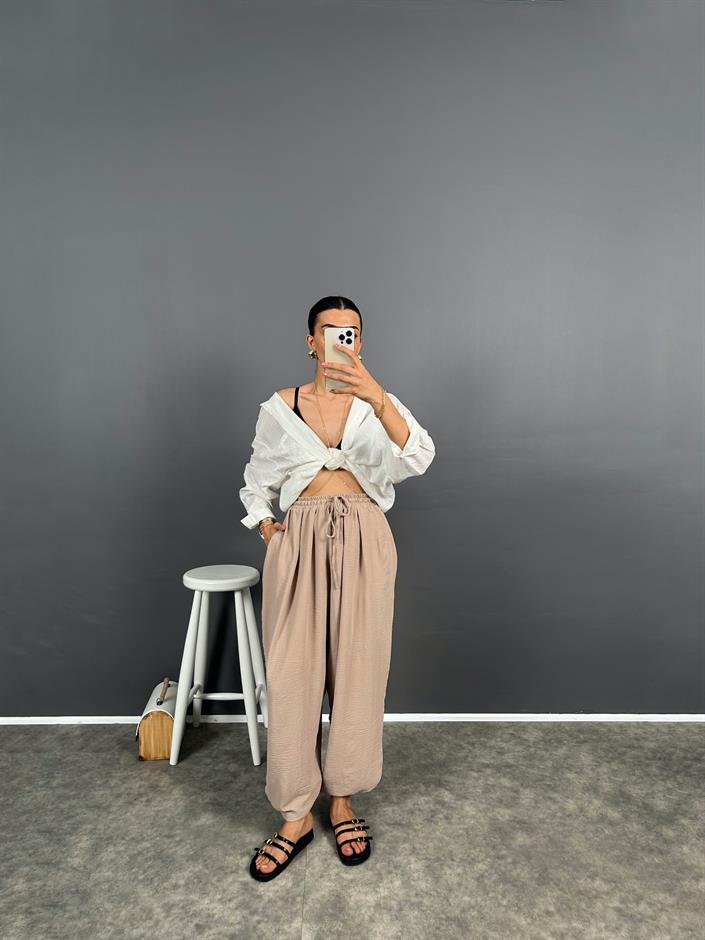 Funi Vizon Beli İpli Ayrobin Şalvar Pantolon