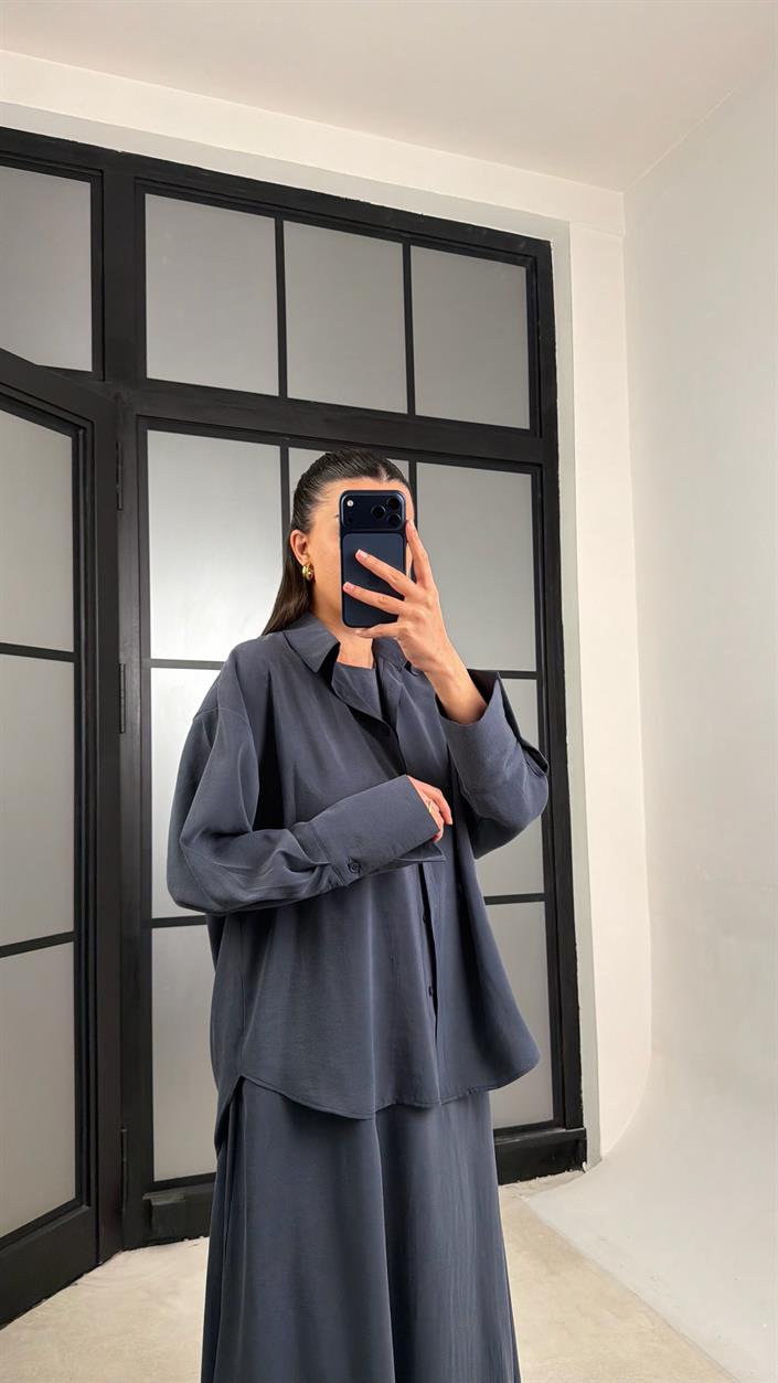 Lacivert Gömlek Elbise Oversize İkili Tencel Takım GAUS-01423