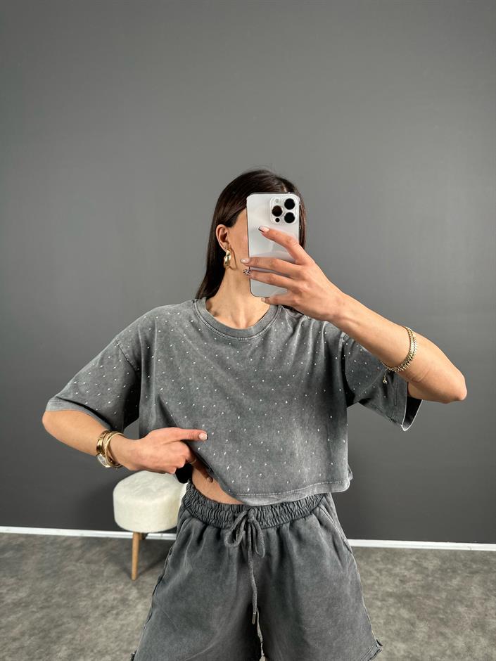 Eskitme Taşlı Crop Tshirt