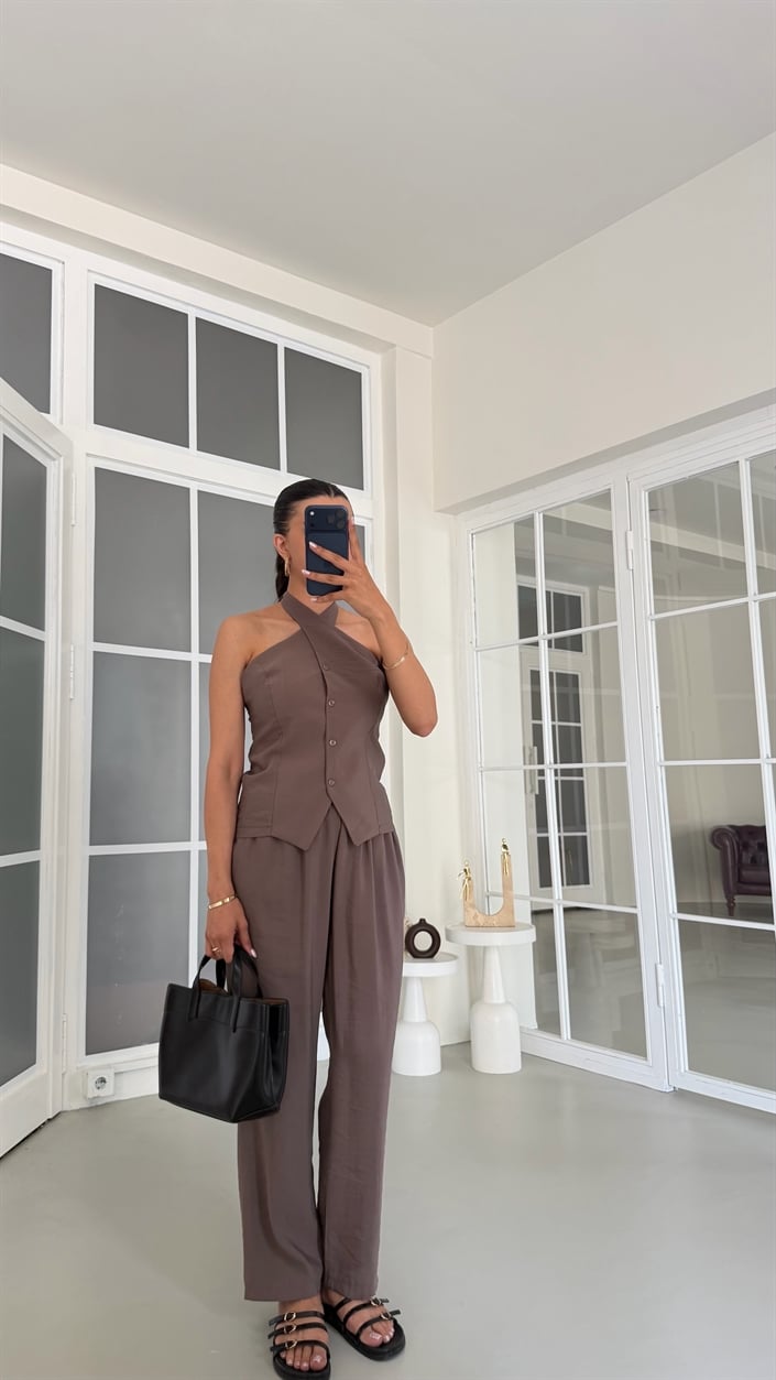 Vizon Halter Yaka Yelek Beli Lastikli Pantolon Muadil Takım GAUS-01770