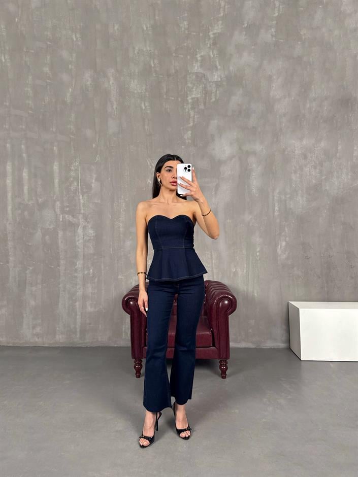 Lacivert Flare Jean Straplez Crop Volanlı Tasarım Denim Takım Gaus00064