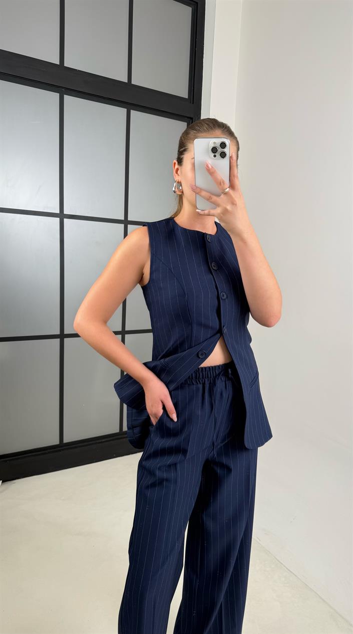 Lacivert Çizgili Yelek Pantolon Kumaş Takım GAUS-00495