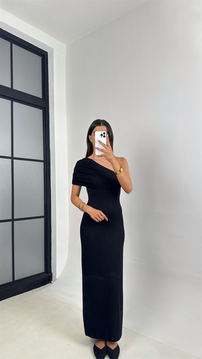 Siyah Tek Omuz Maxi Boy Elbise Gaus00685