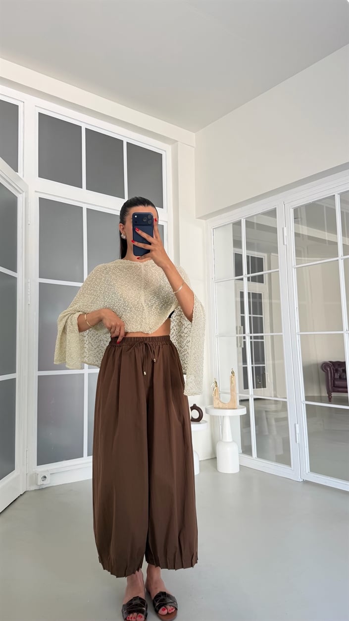 Kahve Beli Lastikli Cepli Poplin Kumaş Pantolon GAUS-01846