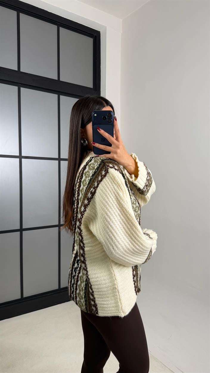 Ekru Örgü Desenli Triko Hırka GAUS-00690