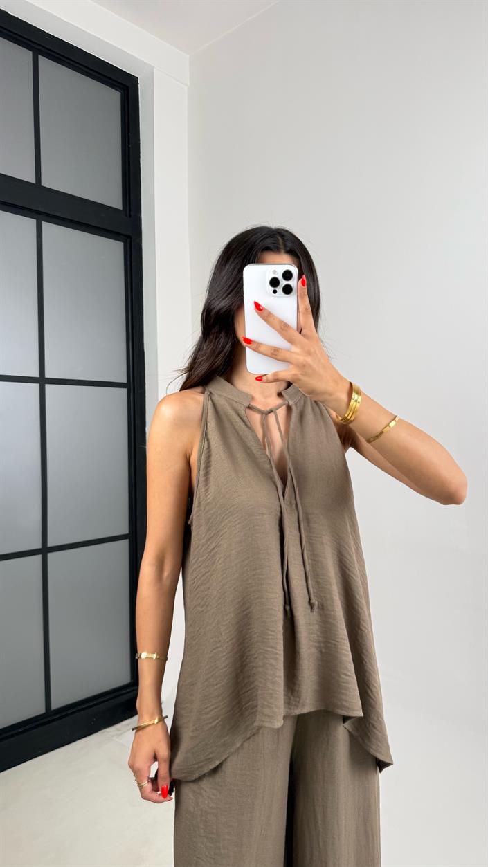 Vizon Boyundan Bağlamalı Asimetrik Bluz Beli Lastikli Pantolon GAUS-003