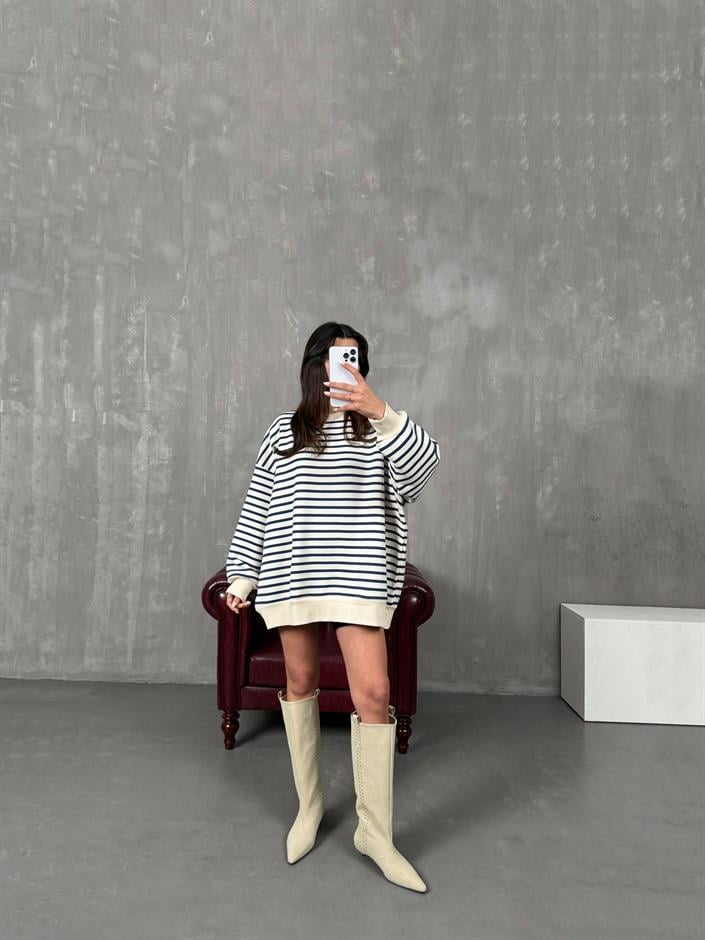 Felisya Lacivert Çizgili Üç İplik Şardonlu Sweat