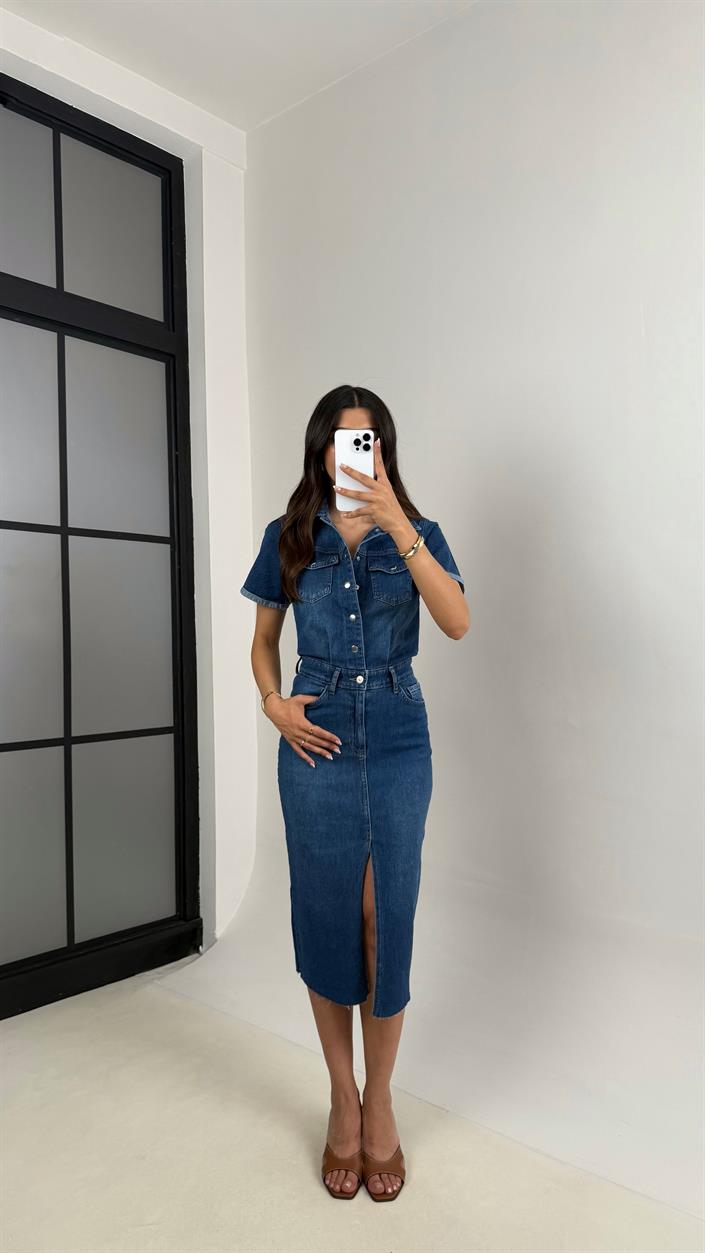 Mavi Yırtmaçlı Ön Düğmeli Cep Detaylı Denim Elbise Gaus00536