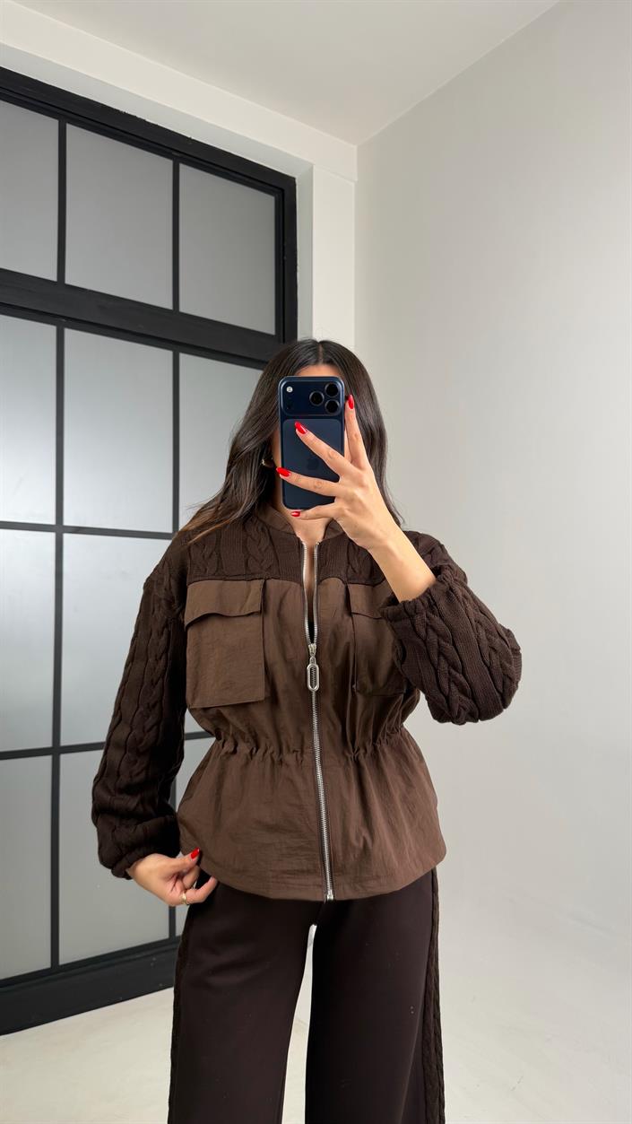 Kahve Beli Lastikli Ceket Pantolon Paraşüt Örgü Detaylı Modal Takım GAUS-00964