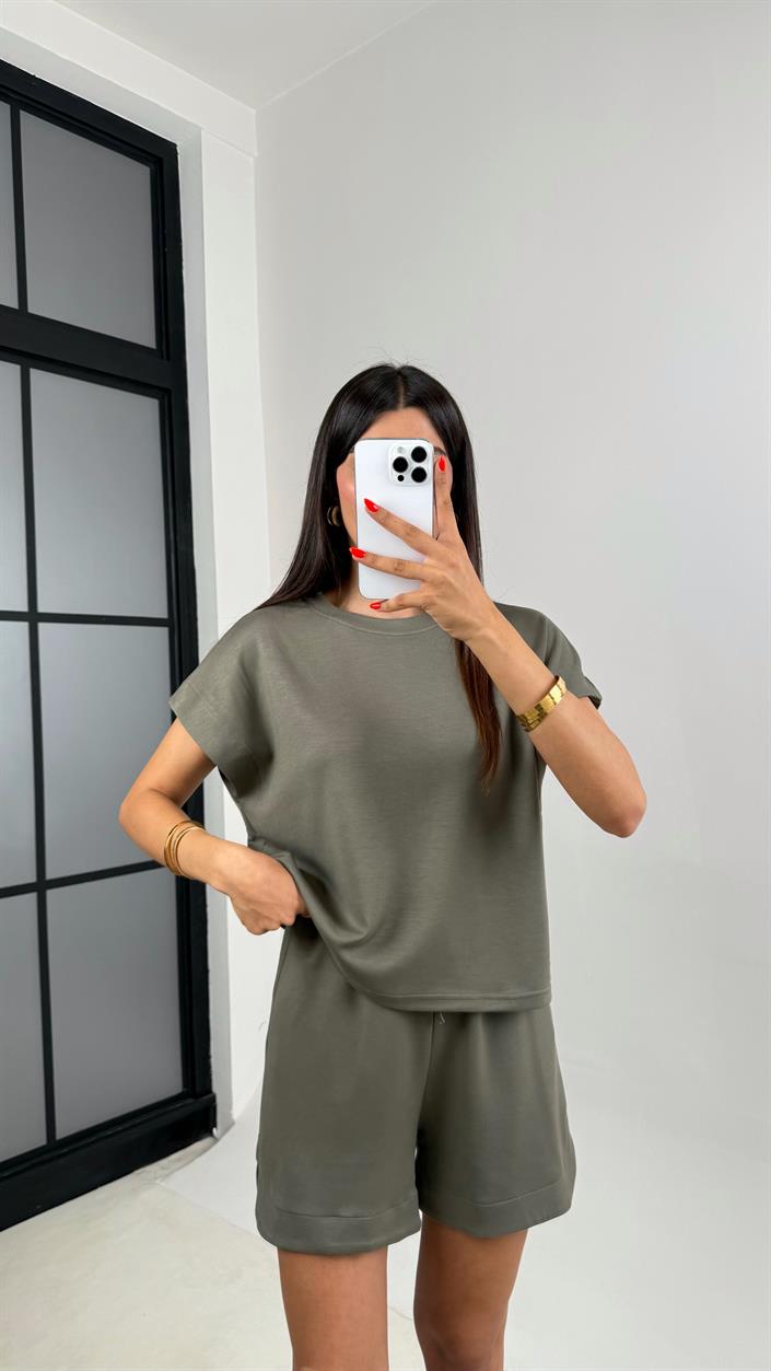 Haki Tshirt Şort İkili Modal Kumaş Takım Gaus00691