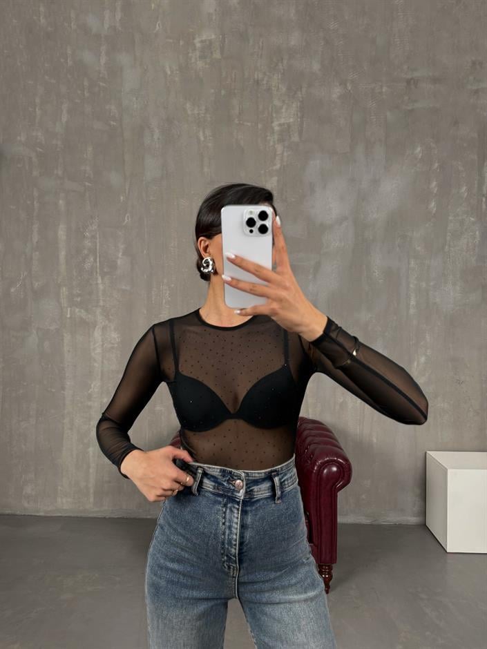 Siyah Taşlı Transparan Bodysuit Bluz Gaus00044