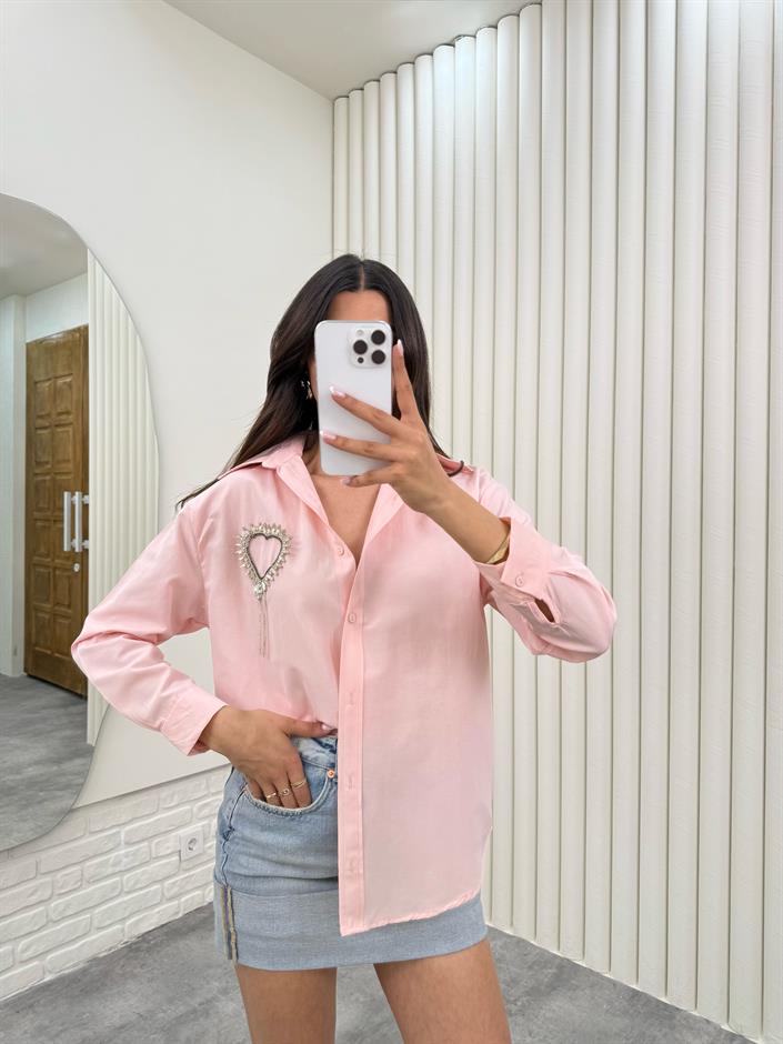 Pembe Taşlı Kalp Yaka Detaylı Gömlek Gaus00299