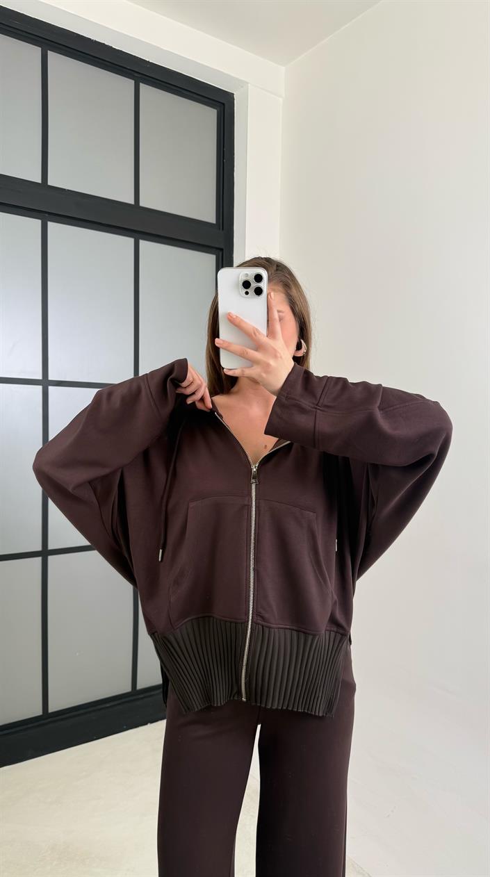 Acı Kahve Ribanalı Kapüşonlu Hırka Beli Lastikli Pantolon Modal Takım GAUS-00697