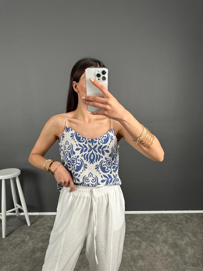 Mavi Keten Askılı Crop 