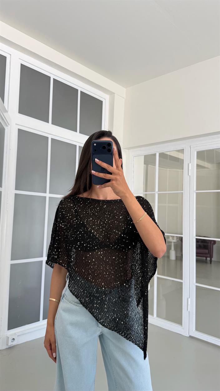 Siyah Pullu Asimetrik Yaka Triko Bluz GAUS-01700