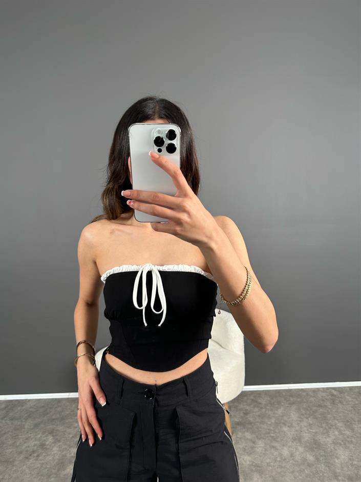 Siyah Şeritli Fırfırlı Straplez 