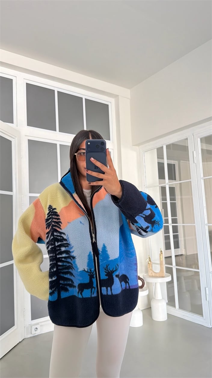 Çok Renkli Geyik Desenli Fermuarlı Polar Sweatshirt GAUS-01910