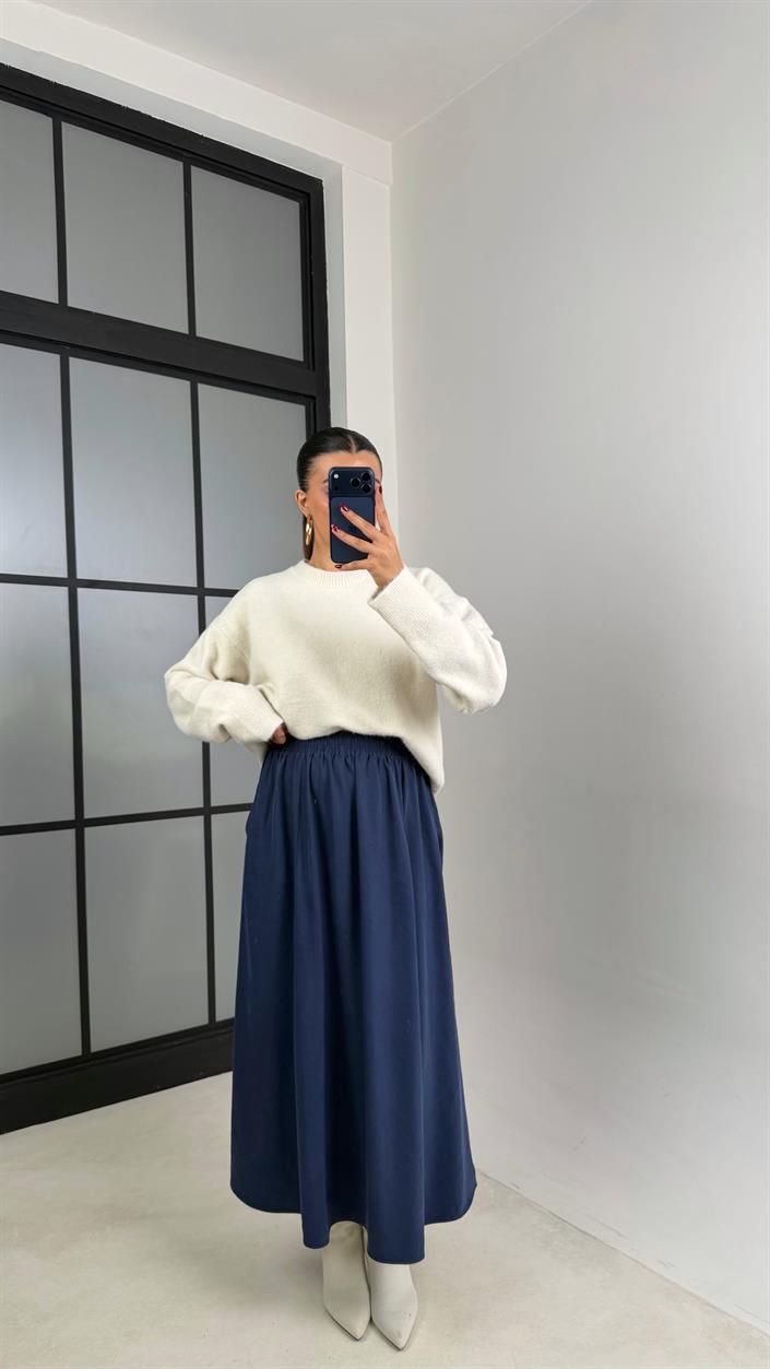 Lacivert Beli Lastikli Cepli Tencel Etek GAUS-00670