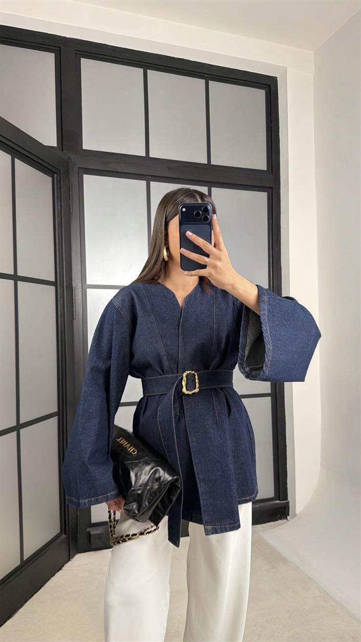 Lacivert Kemerli Denim Ceket GAUS-01198