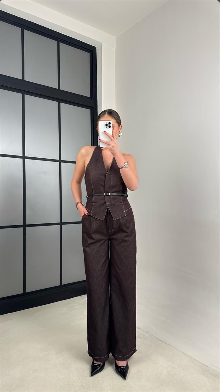 Mürdüm Kemerli Yelek Pantolon İkili Denim Takım GAUS-00997