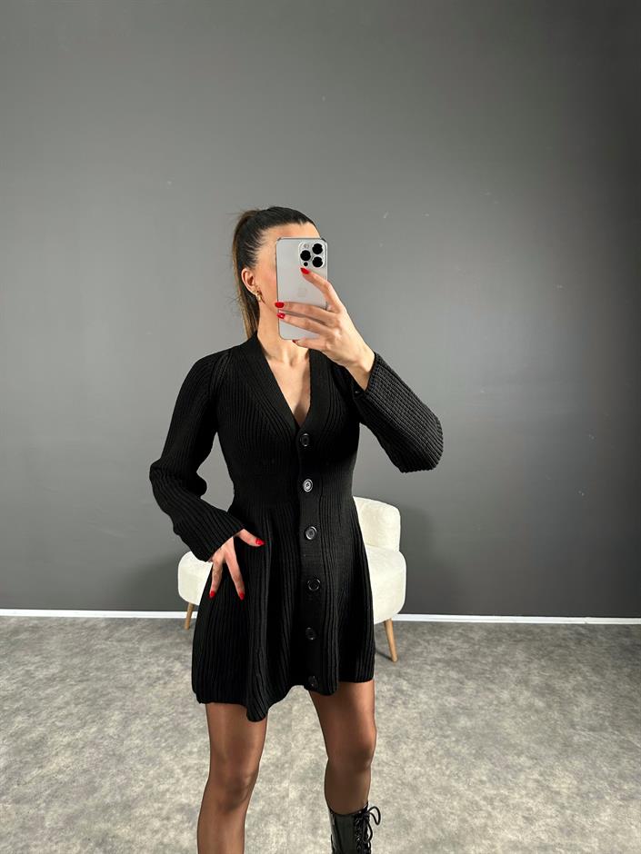 Lole Siyah Düğmeli Triko Mini Elbise 