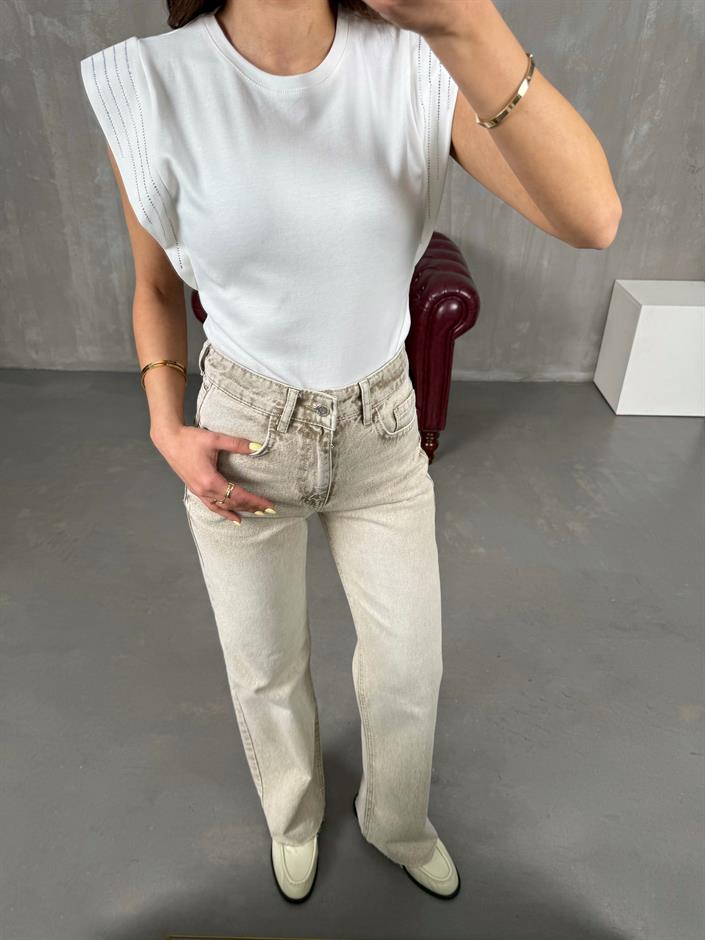 Bej Yıkamalı Wide Leg Kesik Paça Jean Gaus00110