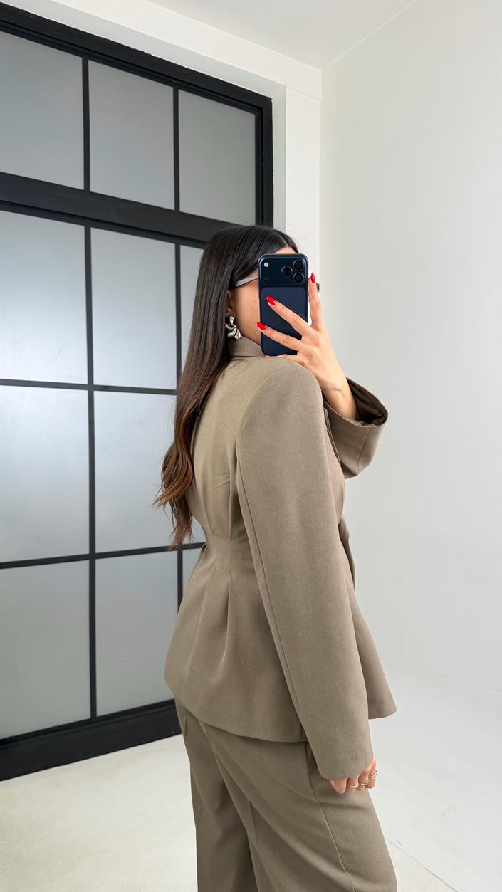 Haki Vatkalı Astarlı Ceket Beli Lastikli Pantolon Premium Takım GAUS-00982