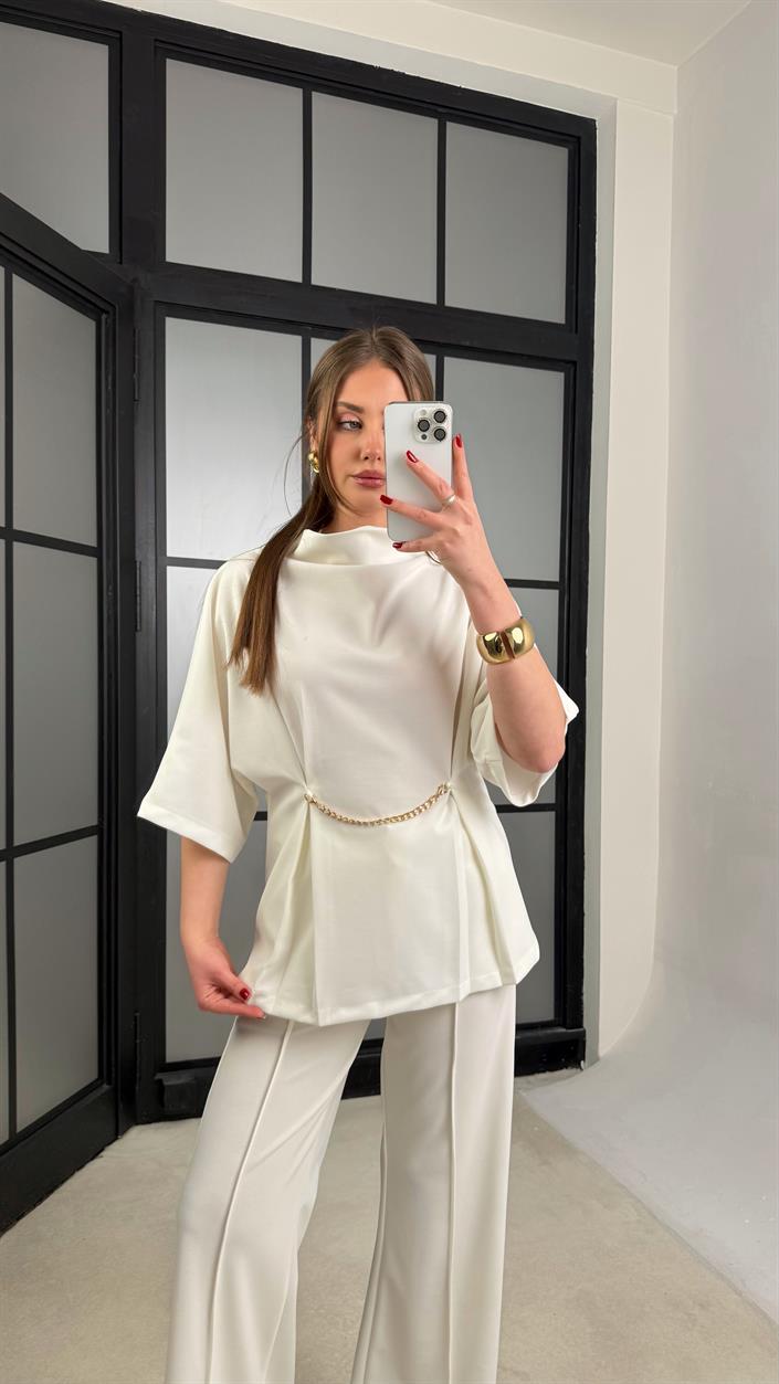 Ekru Zincir Detaylı Bluz Beli Lastikli Pantolon İkili Premium Takım GAUS-01227