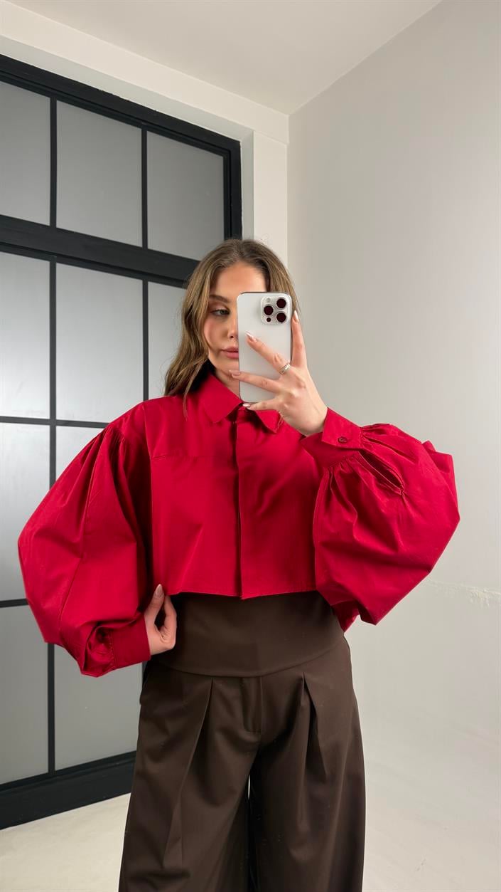 Kırmızı Yarasa Kol Crop Poplin Gömlek GAUS-01117