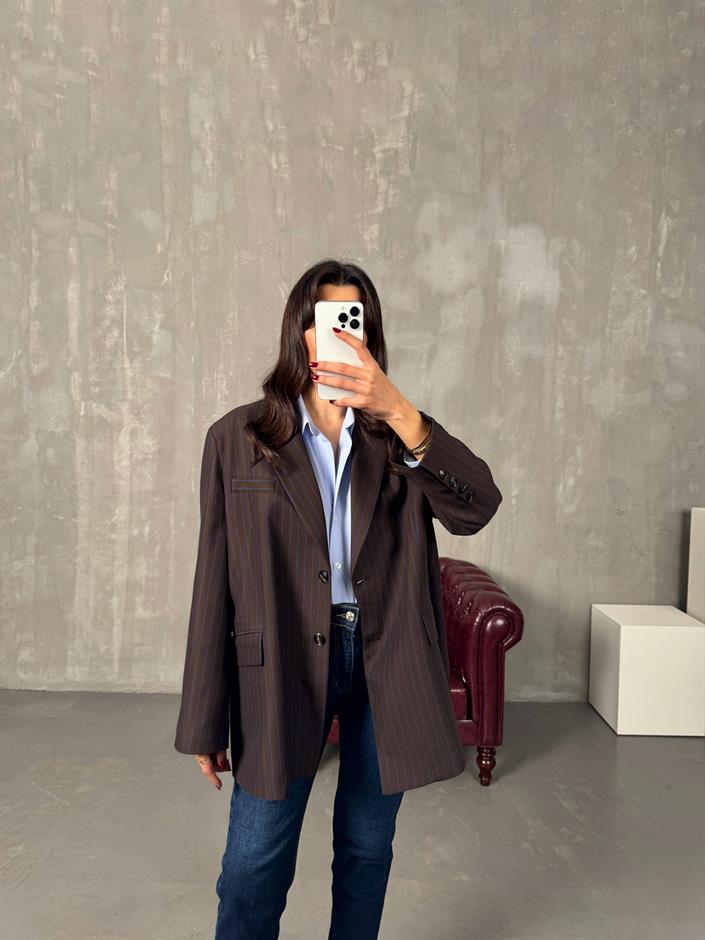 Anna Kahve Çizgili Astarlı Blazer Ceket