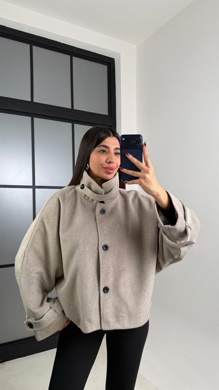 Taş Dik Yaka Balıksırtı Astarlı Kaşe Ceket GAUS-00738