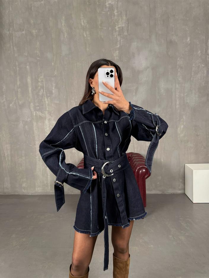 Karla Koyu Füme Kemerli Denim Elbise