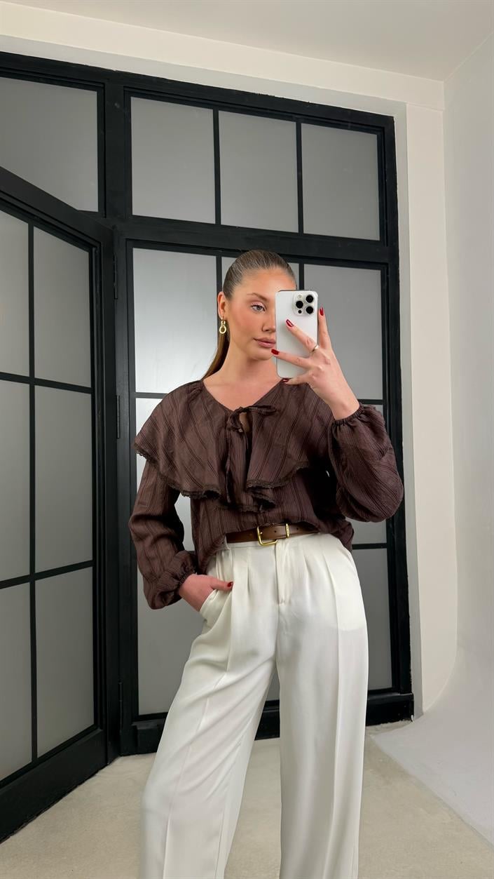 Kahve Bebe Yaka Volanlı Gömlek GAUS-01274