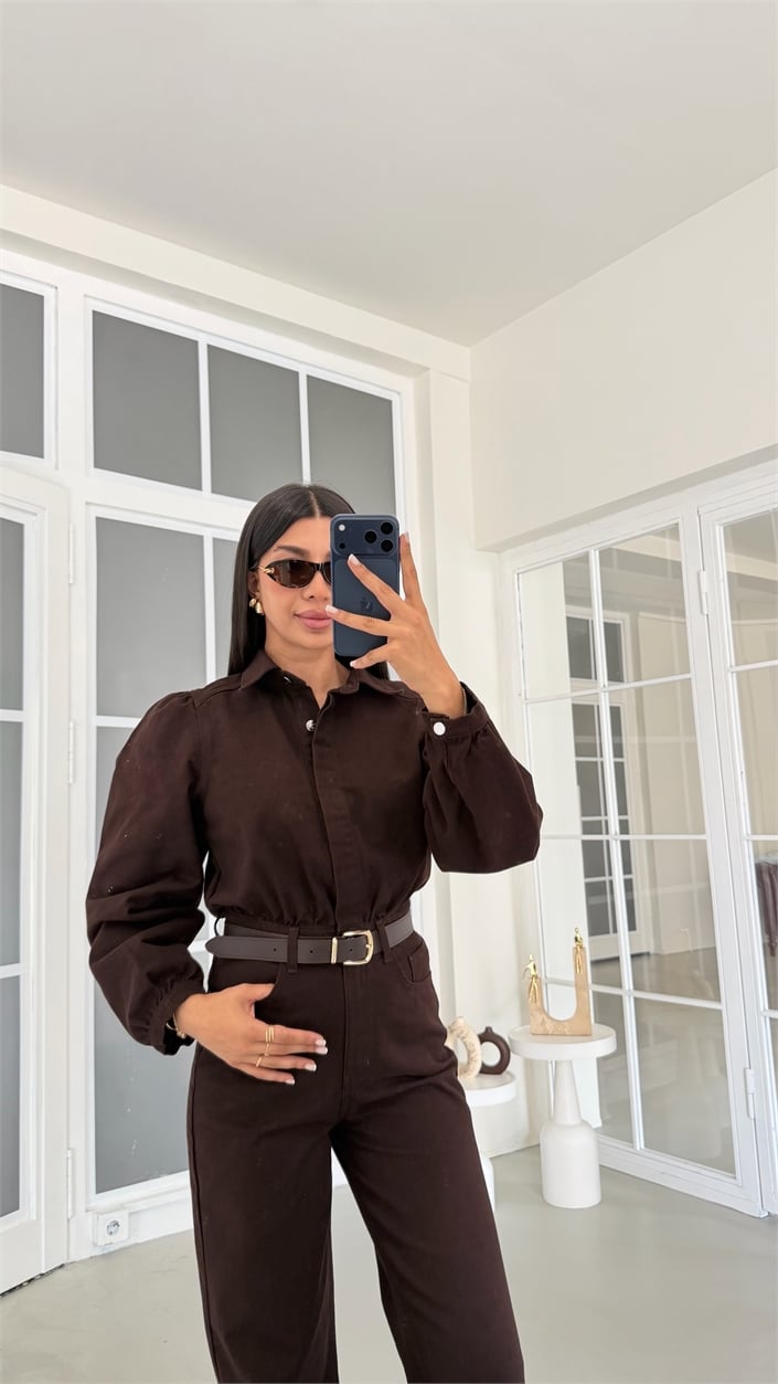 Acı Kahve Kemerli Premium Denim Tulum GAUS-02123